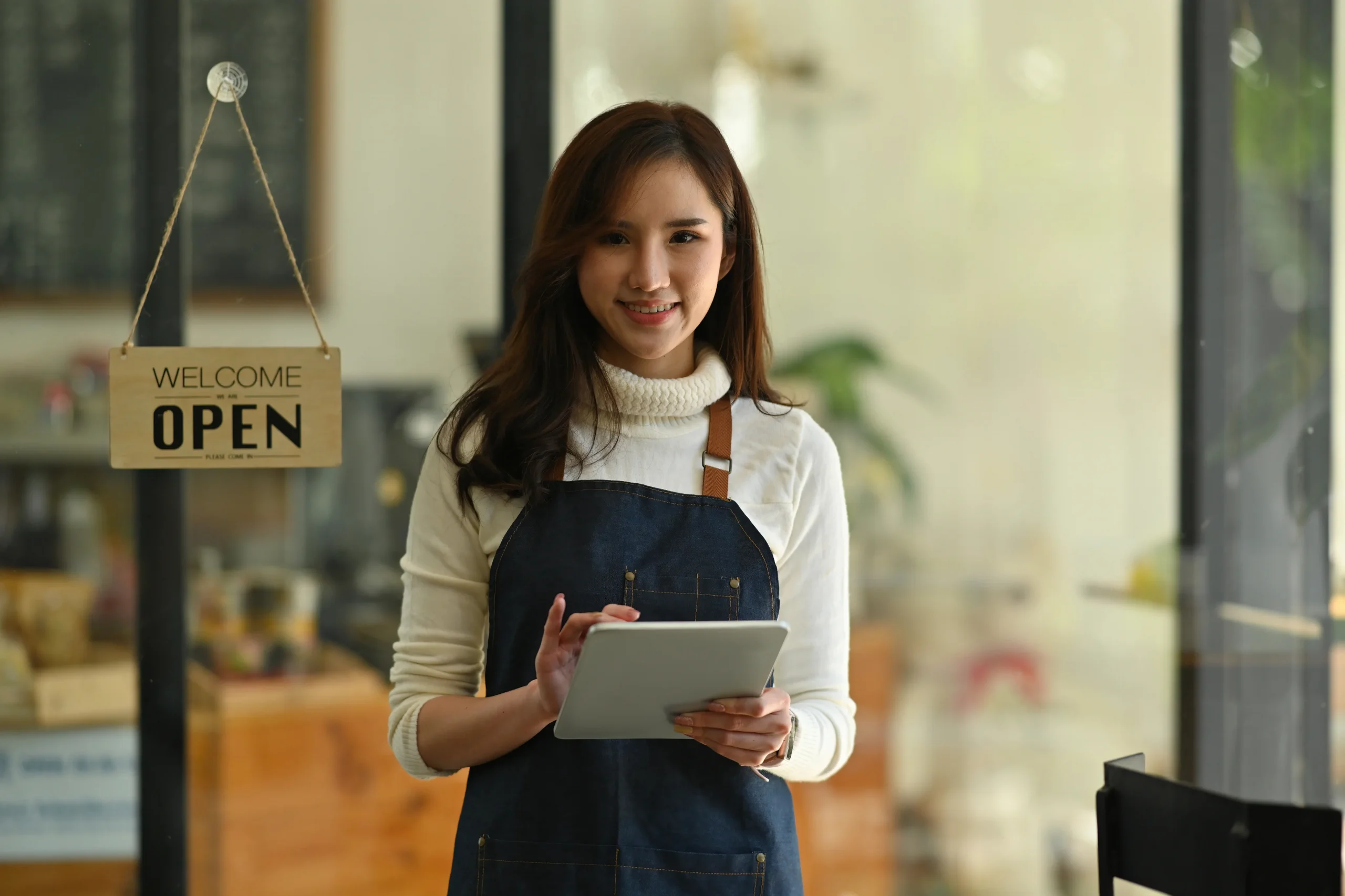 Bakery owner holding tablet
